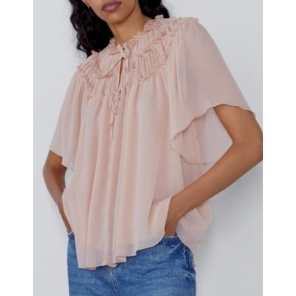 Zara Pleated Lace Flutter Sleeve Blouse - Picture 7 of 7